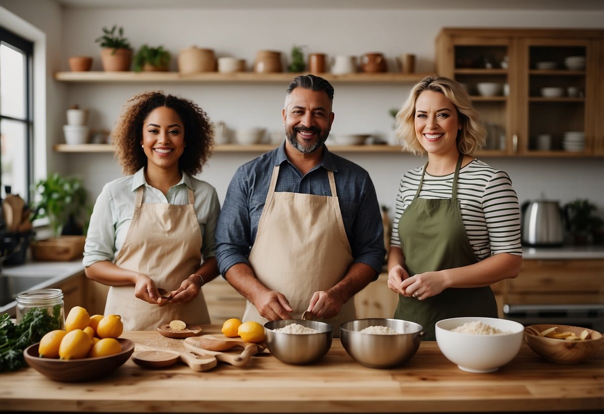 A couple stands side by side, each holding a wooden spoon and mixing bowl. Ingredients and recipe cards cover the kitchen counter, as they work together to create a delicious meal in a cooking class