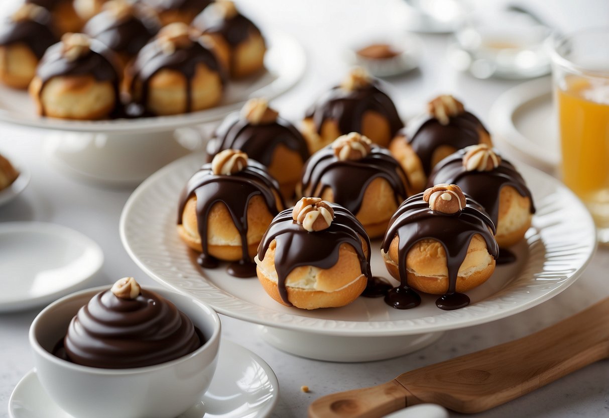 A platter of profiteroles drizzled with rich ganache, arranged in a decorative pattern on a white dessert table