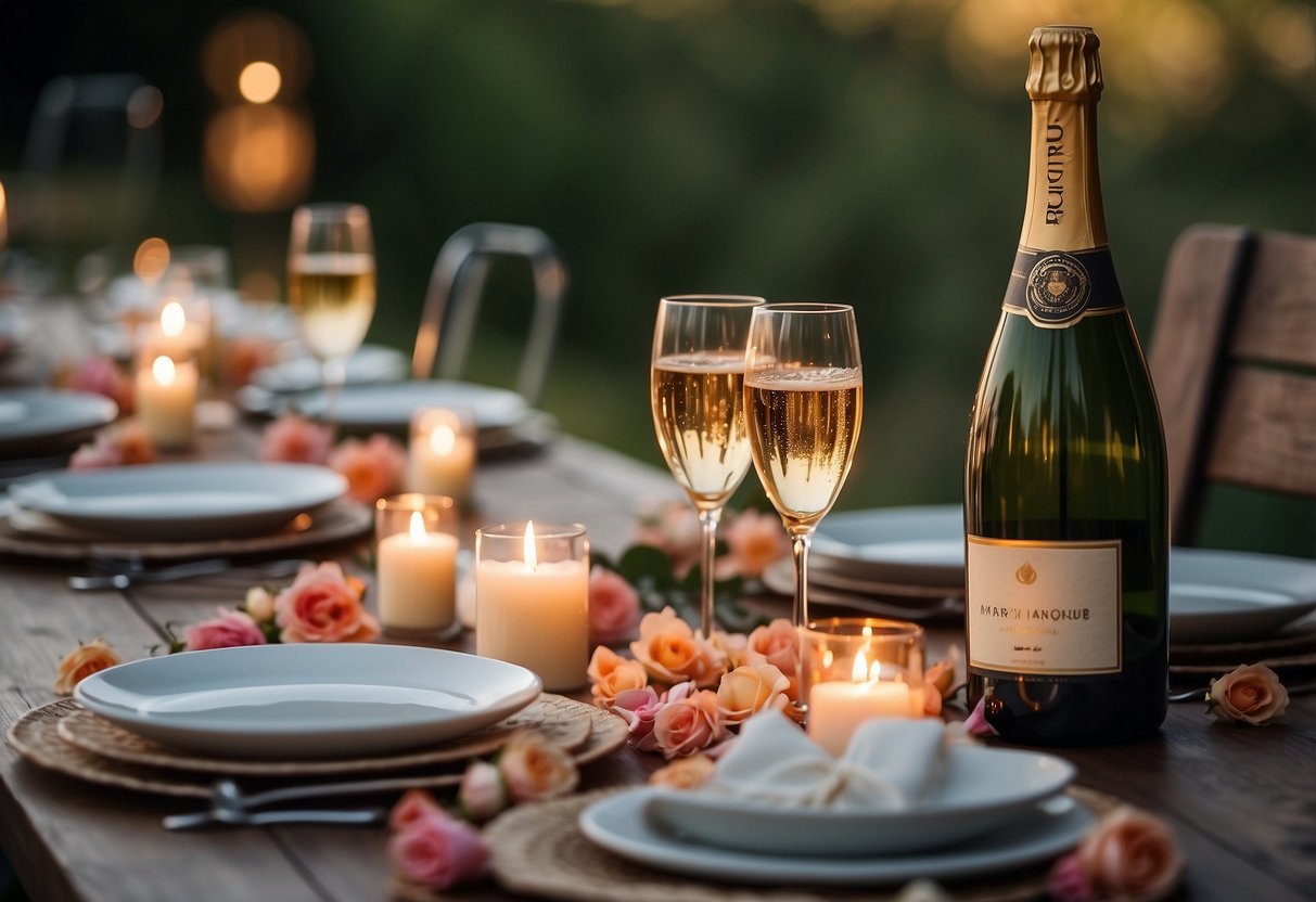 A candlelit table set with flowers and champagne. A path of rose petals leads to a secluded spot with a view