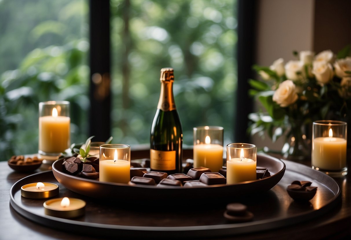 A serene spa room with plush robes, flickering candles, and a bubbling hot tub surrounded by lush greenery. A tray of decadent chocolates and champagne awaits on a nearby table