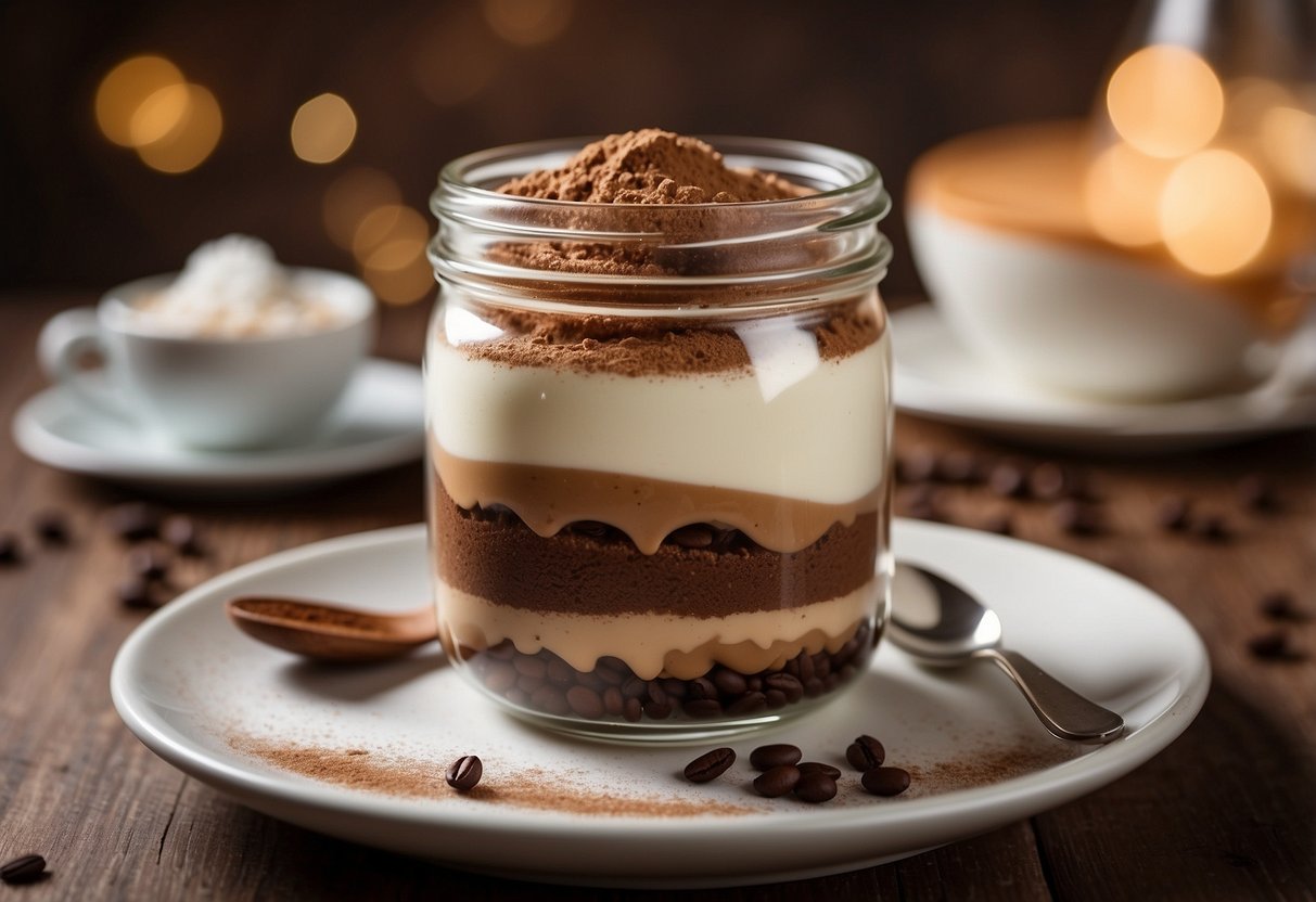 A glass jar filled with layers of coffee-soaked ladyfingers, creamy mascarpone, and dusted with cocoa powder. A small spoon rests on the side, ready for indulgence