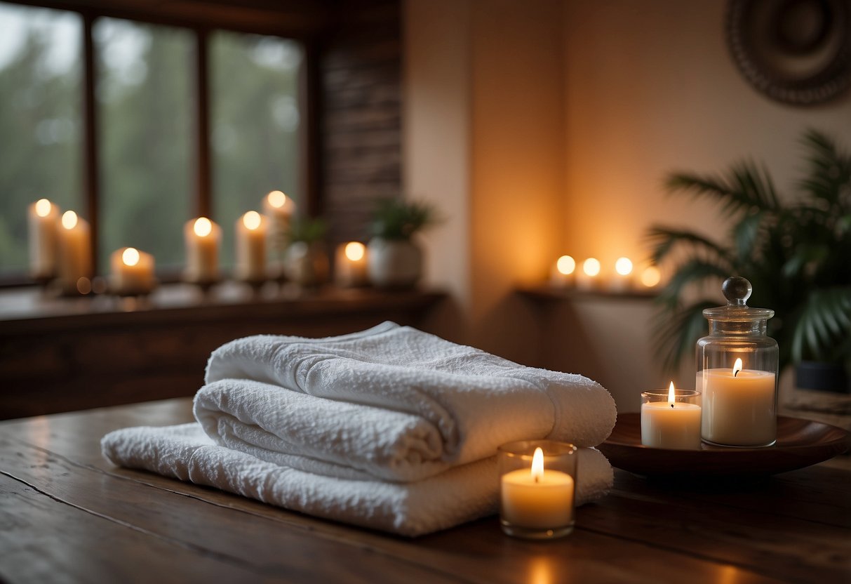 A tranquil spa room with candles, soft music, and a bubbling hot tub. A couple's massage table is set with fluffy towels and aromatic oils