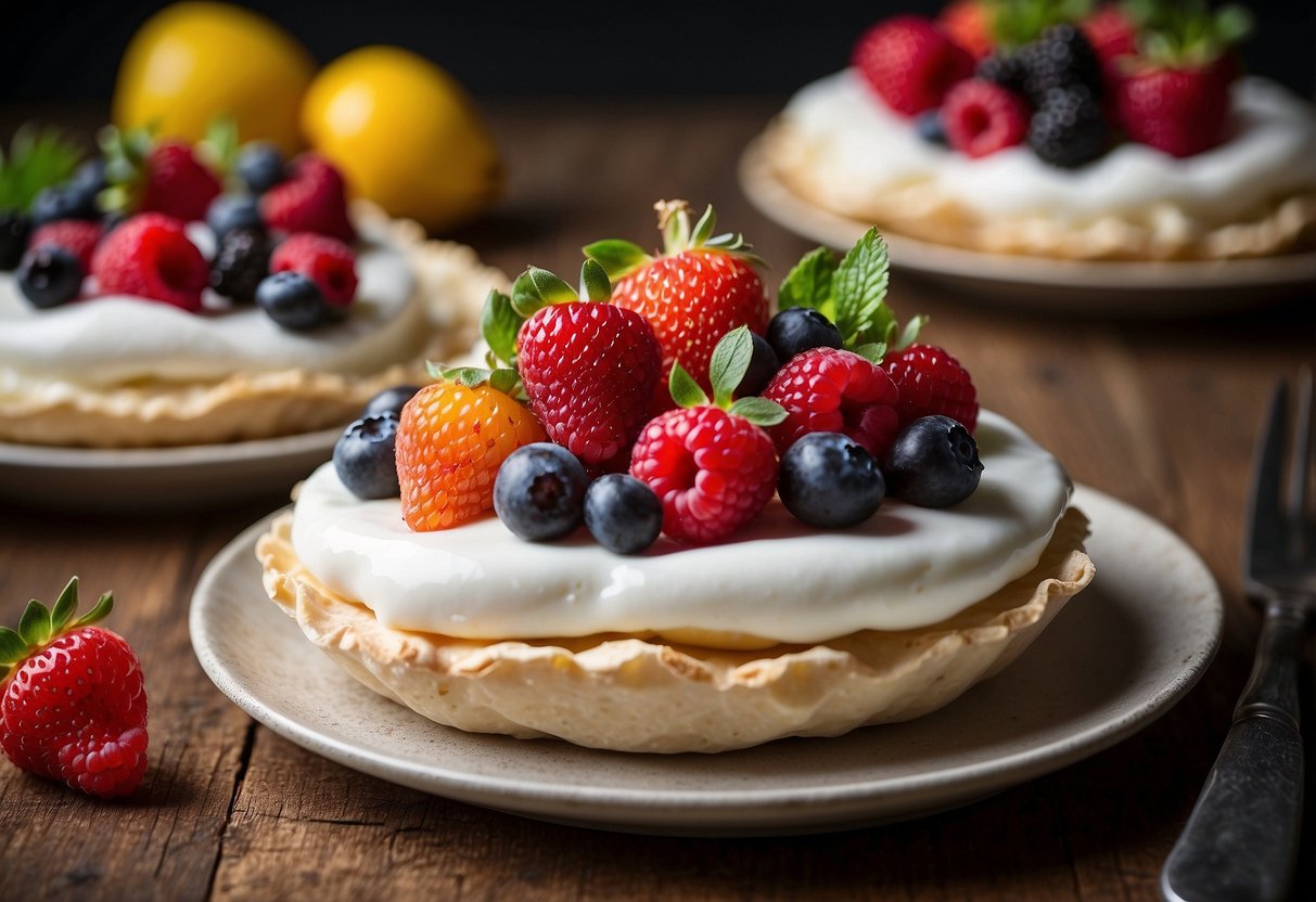 A colorful assortment of fresh mixed berries sits atop a delicate, crisp pavlova shell, drizzled with a light, sweet sauce, creating a visually stunning and mouthwatering wedding dessert option