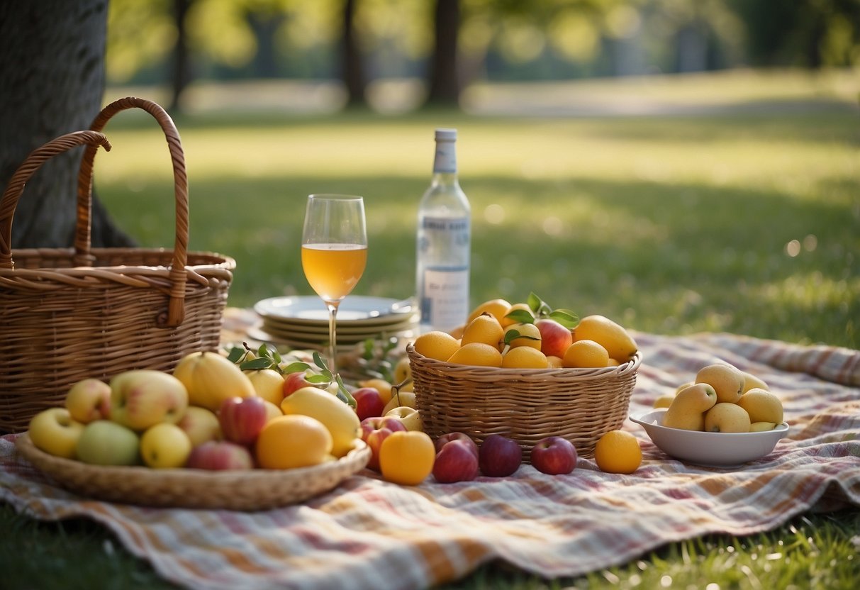 A colorful picnic blanket laid out under a sprawling tree, surrounded by baskets of food and drink. A couple of cheerful birds flutter around, adding to the serene atmosphere