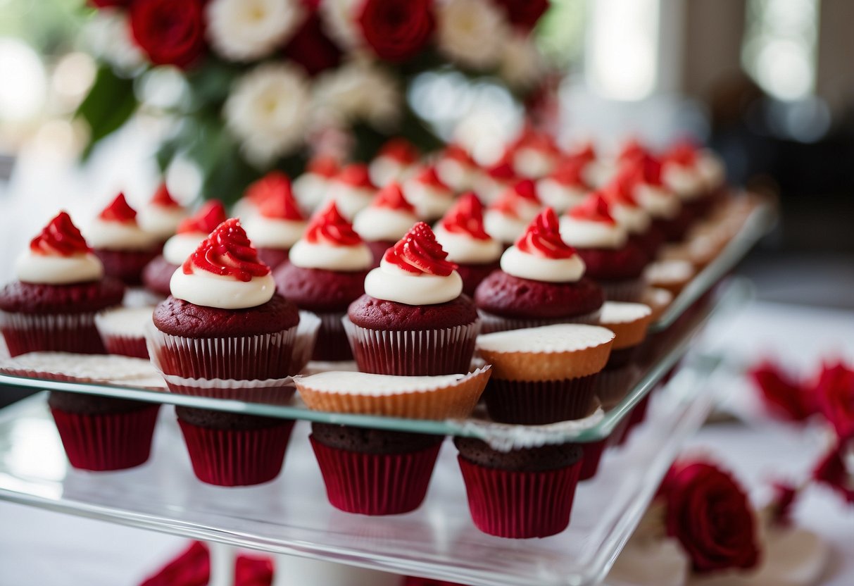 A table adorned with red velvet cupcakes, beautifully displayed as wedding dessert ideas