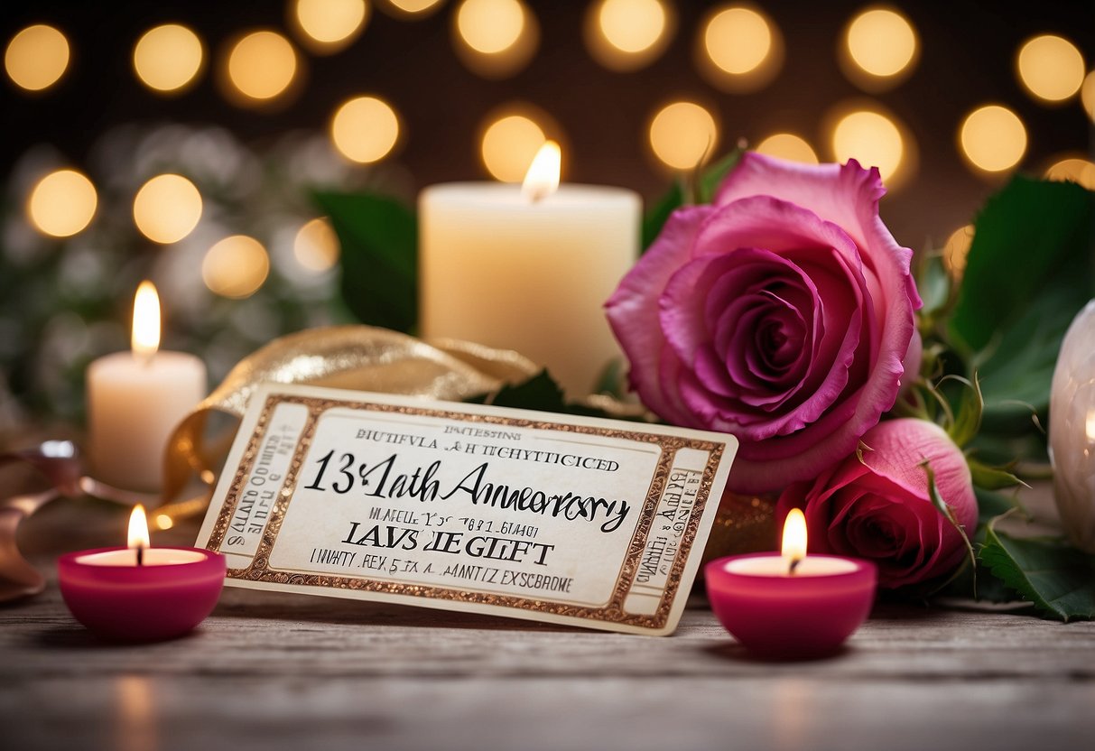 Two concert tickets with "13th Wedding Anniversary Gift" written on them, surrounded by romantic decorations like roses and candles