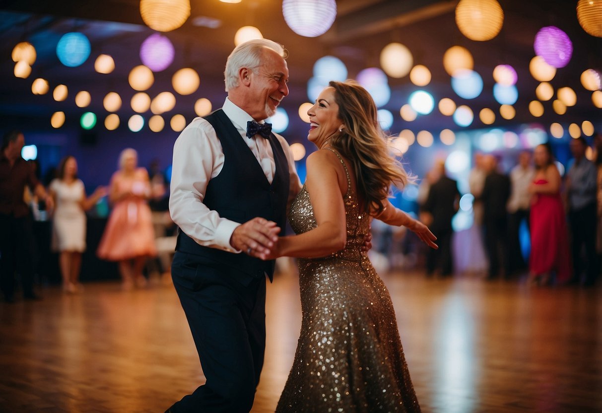 A couple twirls on a dance floor, surrounded by colorful lights and lively music. Laughter and joy fill the room as they celebrate their 45th wedding anniversary