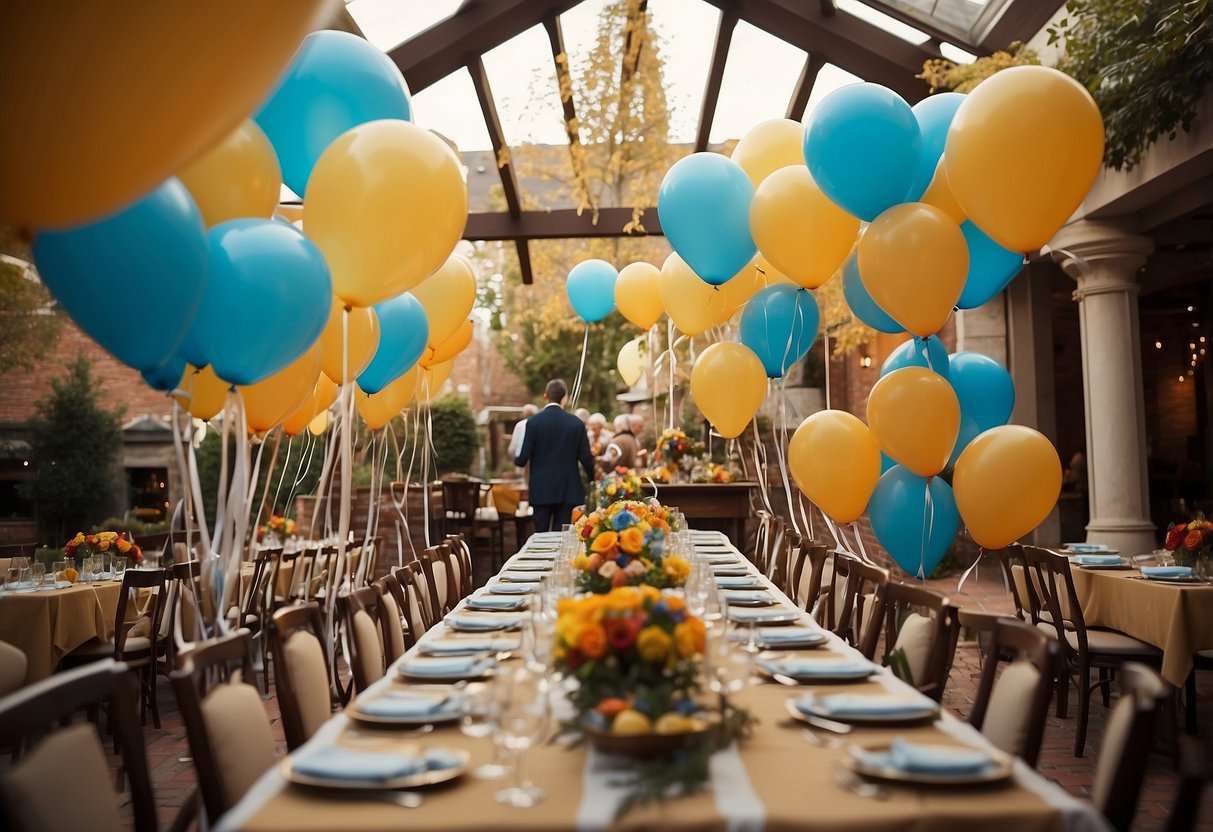 A festive scene with balloons, streamers, and a large "45" sign. Tables are set with elegant centerpieces and a buffet of food. Laughter and conversation fill the air as friends and family mingle