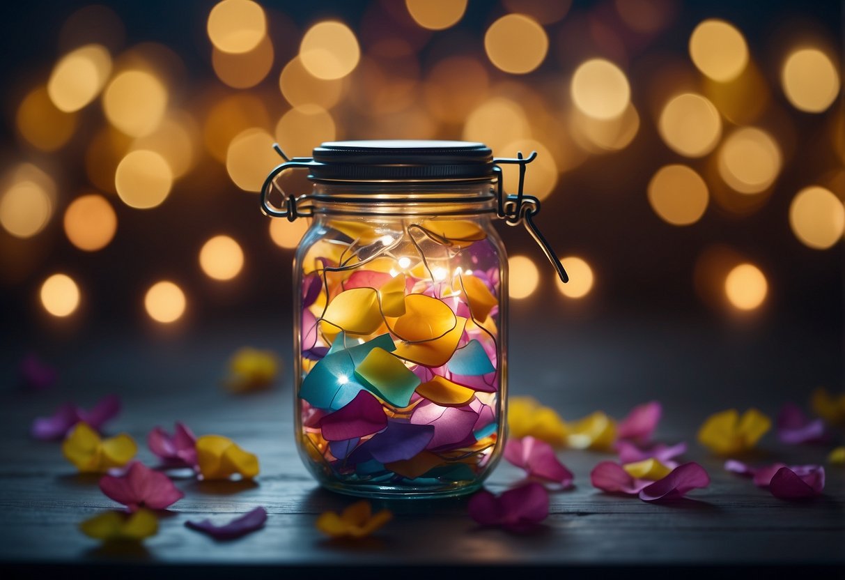 A glass jar filled with colorful notes, tied with a ribbon. Surrounding it are scattered flower petals and a soft glow from twinkling fairy lights