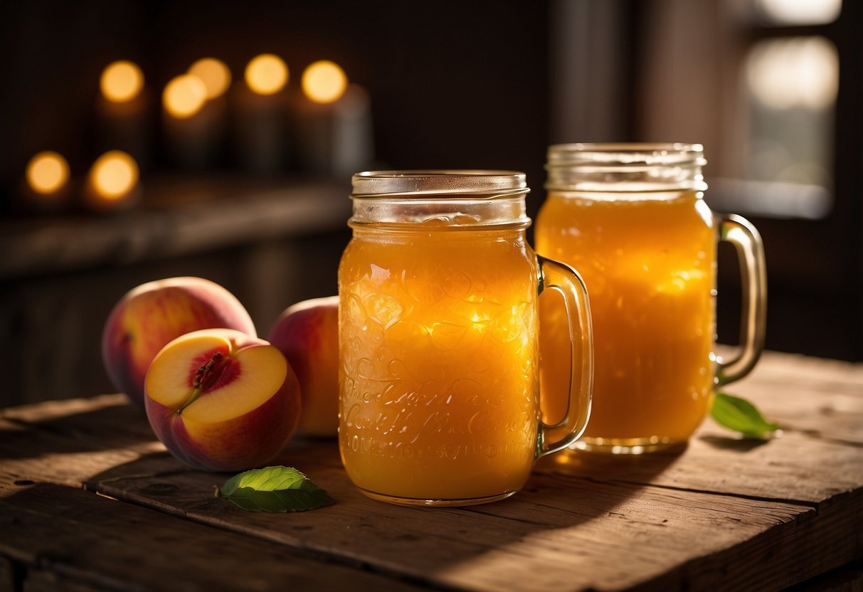 Mason jars filled with peach cobbler, topped with golden-brown crust, arranged on a rustic wooden table with soft candlelight