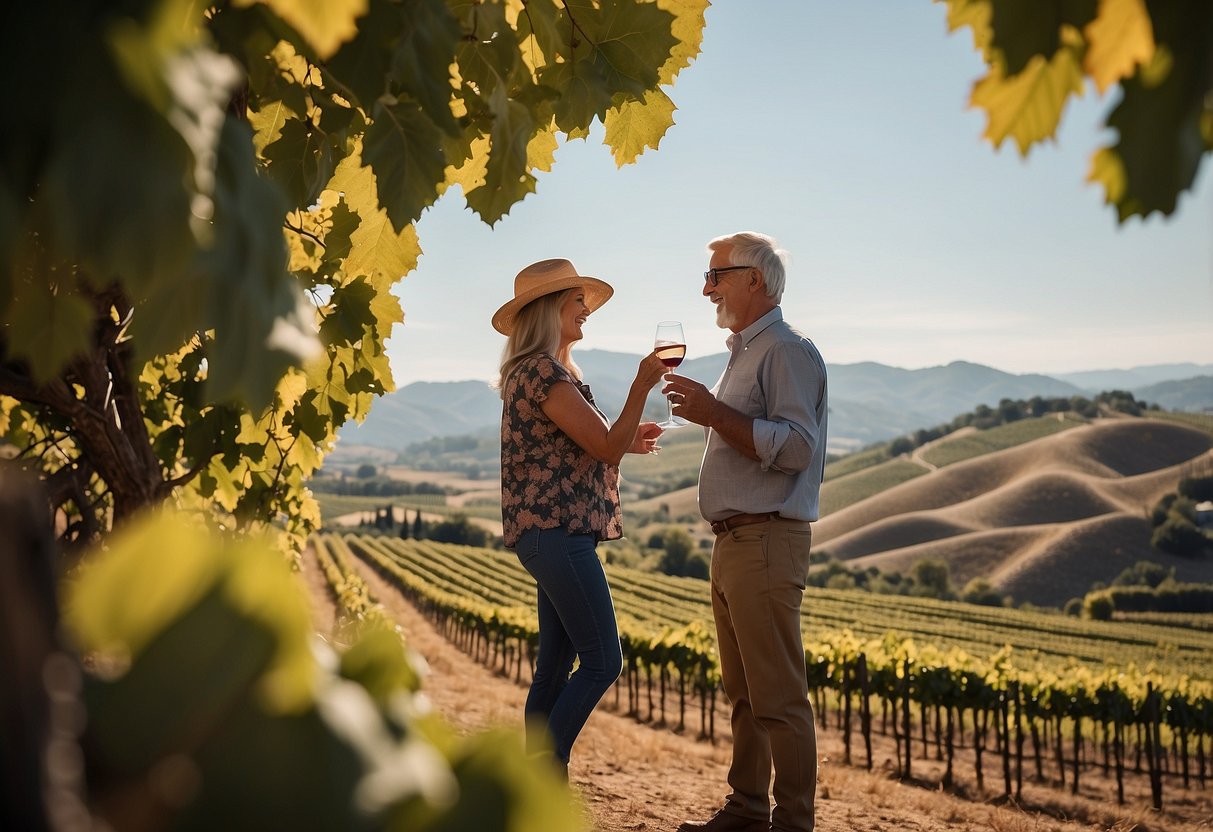 A couple enjoys a wine tasting tour, surrounded by vineyards and rolling hills, celebrating their 45th wedding anniversary