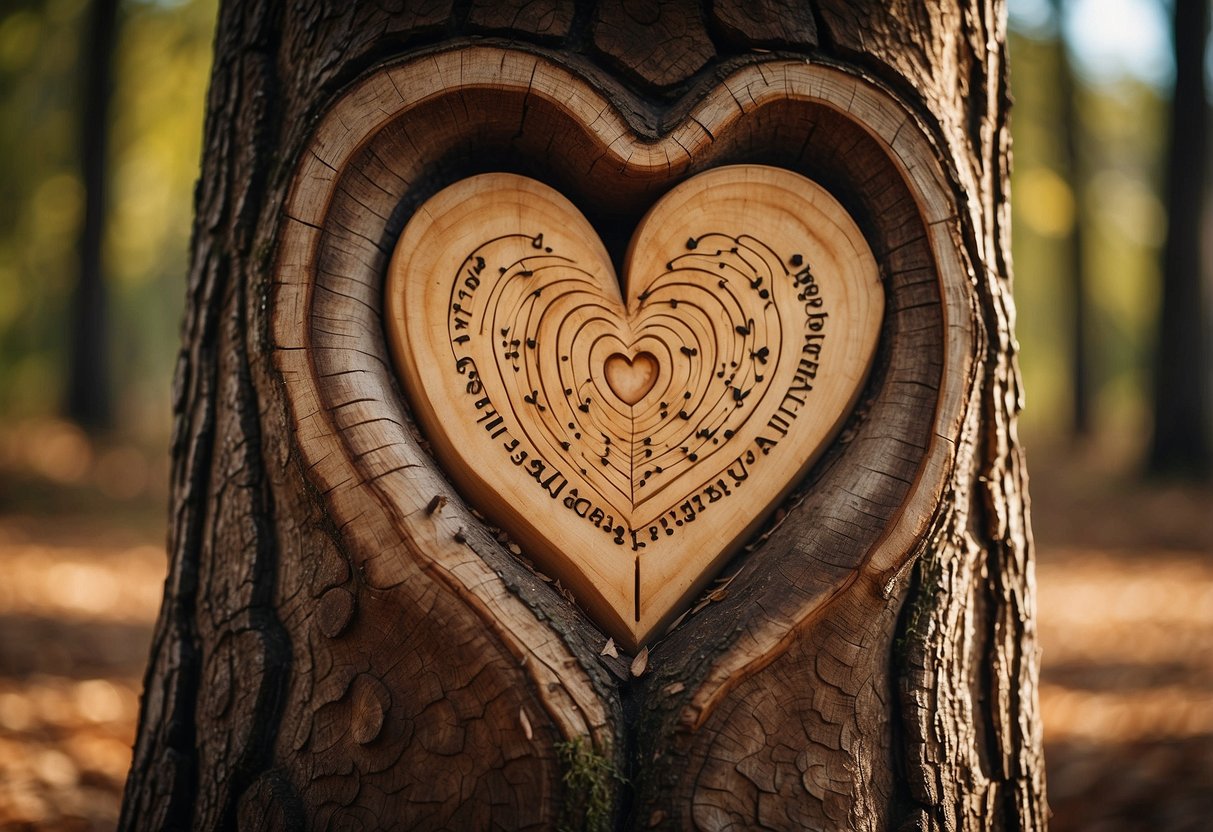 A couple's names carved into a tree trunk with a heart around them, surrounded by musical notes and symbols, symbolizing their love story in a personalized song for their 13th wedding anniversary gift