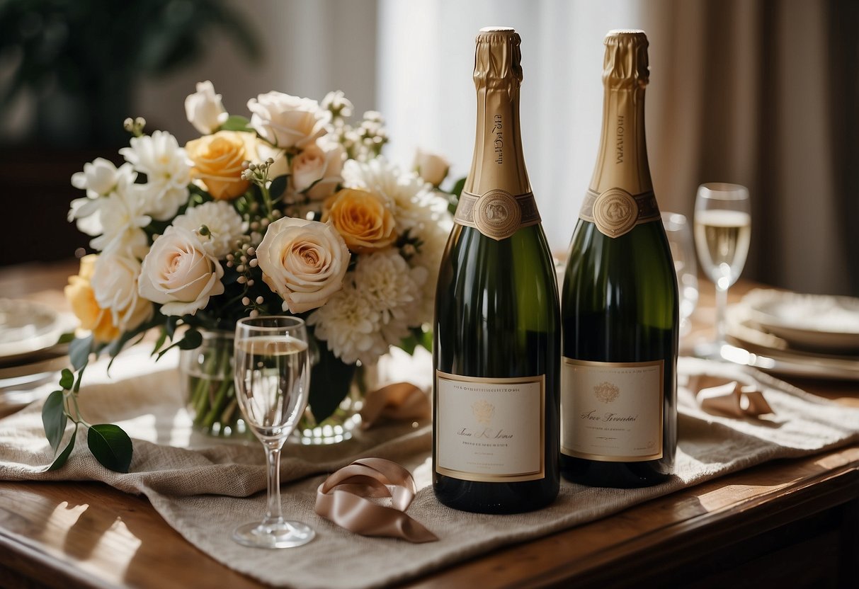 A couple's wedding photo surrounded by their favorite flowers and a vintage champagne bottle