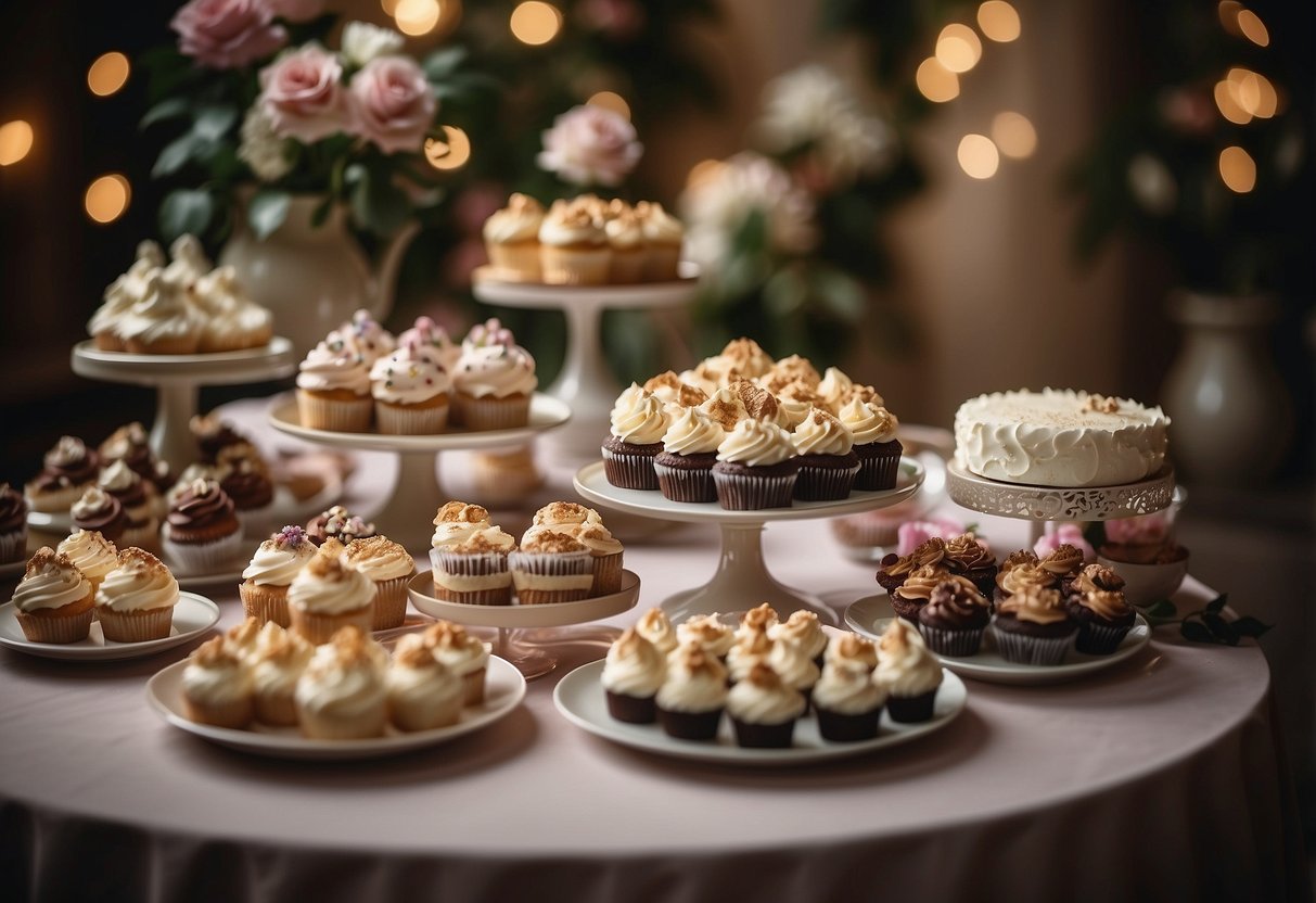 A table adorned with an array of themed desserts, from elegant cupcakes to intricately decorated cakes, set against a backdrop of floral arrangements and twinkling lights