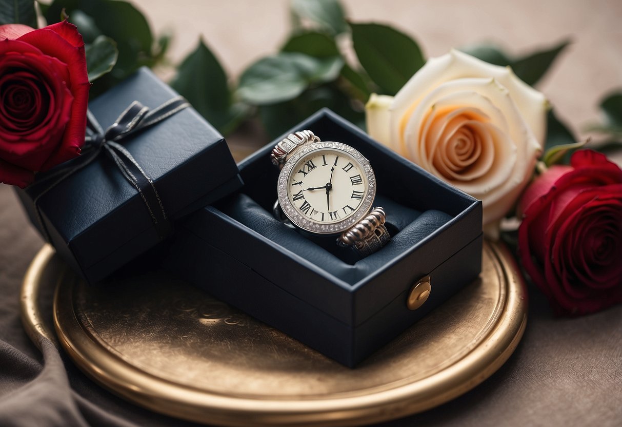 A beautifully wrapped gift box surrounded by 13 roses, a pair of intertwined silver rings, and a vintage clock showing 13 o'clock