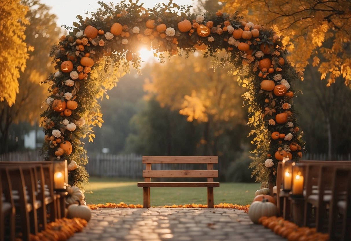 A rustic outdoor wedding with autumn leaves, pumpkins, and candle-lit lanterns. A wooden arch adorned with flowers and a cozy seating area with blankets and warm hues