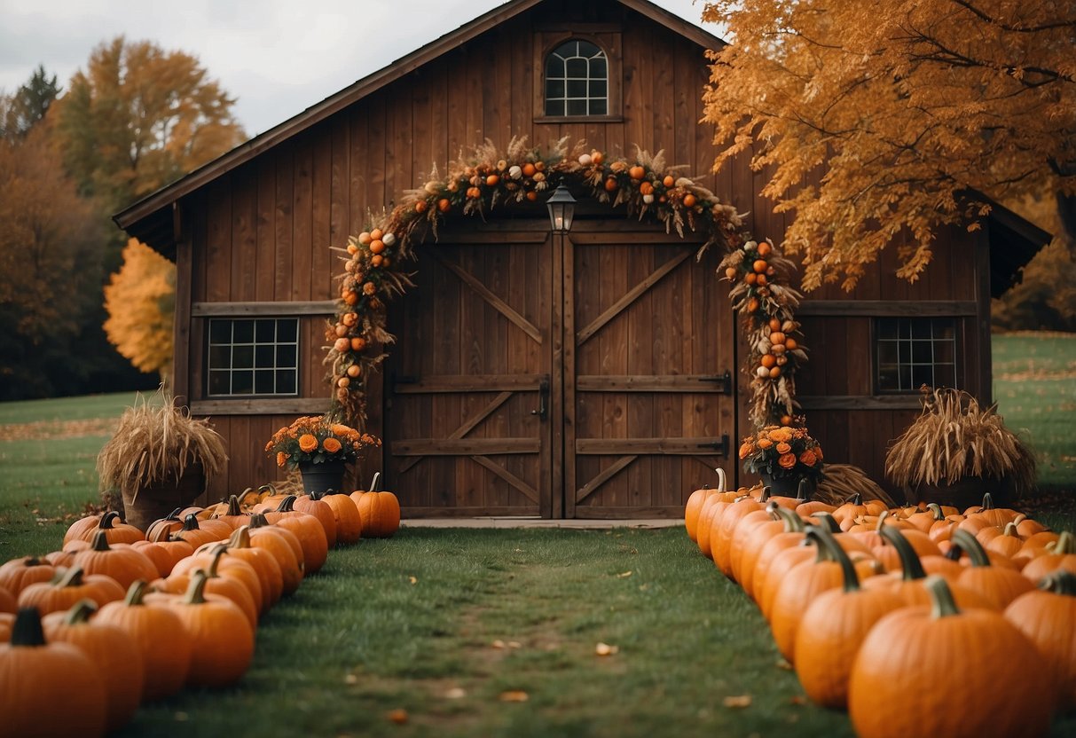 A cozy barn adorned with fall foliage, pumpkins, and twinkling lights. A rustic wooden arch stands at the entrance, ready for a romantic ceremony