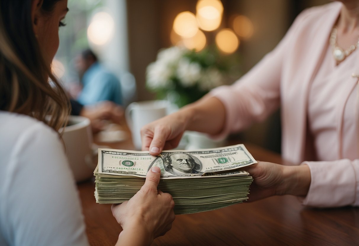 The mother of the bride hands over money for the bridal shower expenses