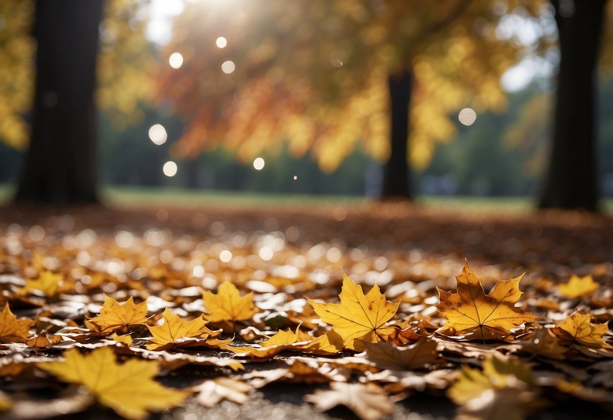 Maple leaves cascade down, scattered like confetti. A serene setting for a fall wedding, with nature's colorful display