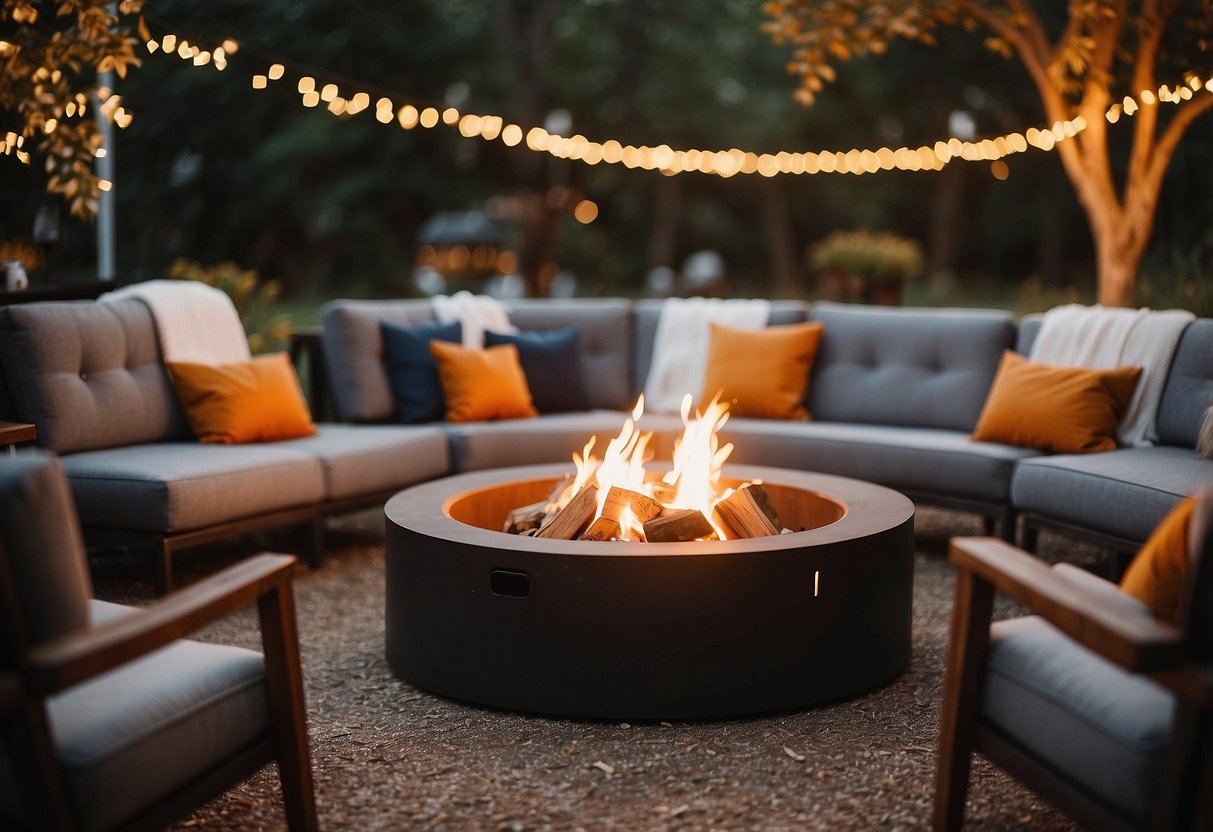 A cozy fire pit surrounded by lounge seating, adorned with fall foliage and twinkling lights, creating a warm and inviting atmosphere for a wedding celebration