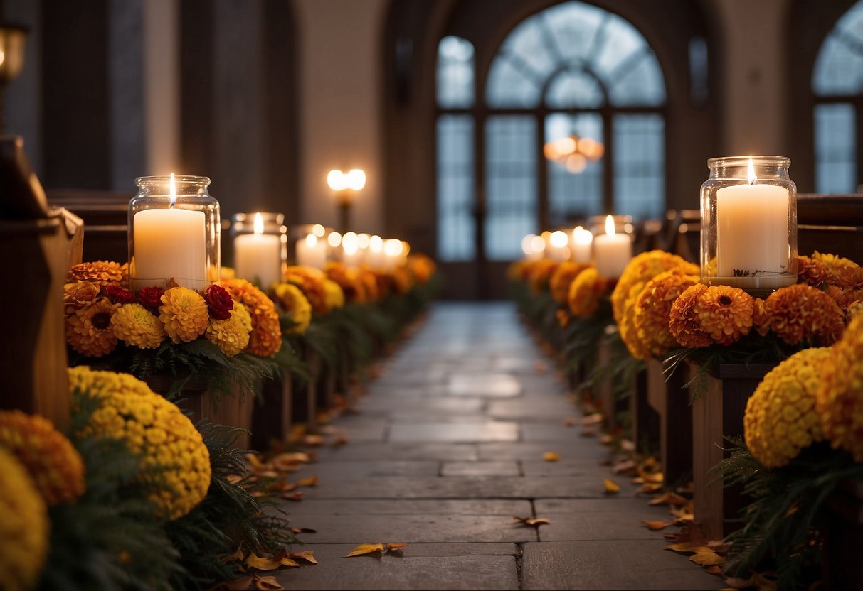 A candlelit aisle lined with autumn leaves, leading to an arch adorned with warm-hued flowers and twinkling lights