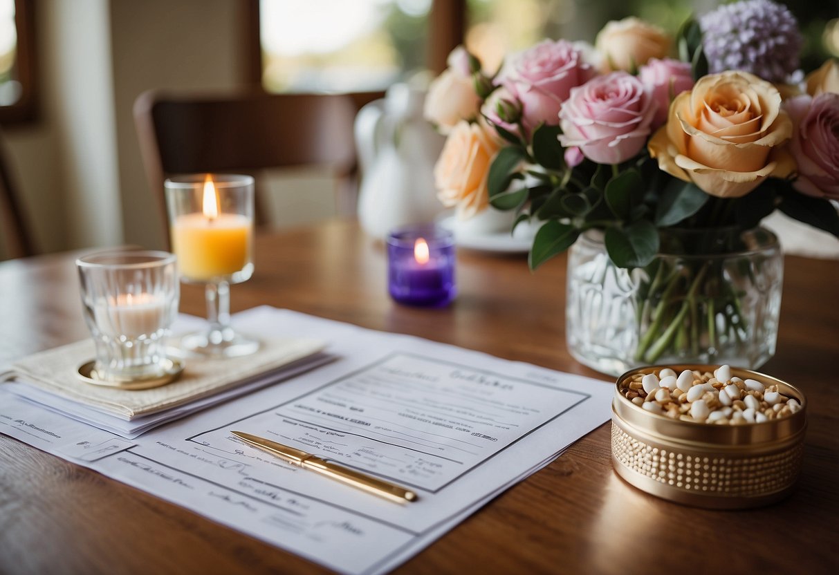 A table with budgeting supplies, a mother and bride, and a bridal shower invitation