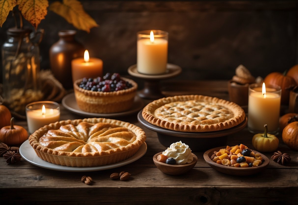 A rustic wooden table adorned with an assortment of delectable pies in various flavors and sizes, surrounded by autumn foliage and warm candlelight