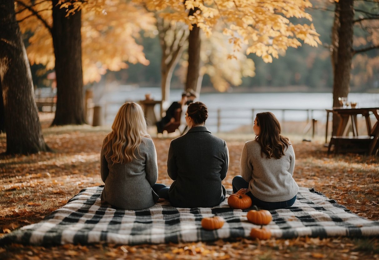 Guests sit on plaid blankets, surrounded by fall foliage. A rustic wedding scene with cozy, inviting vibes