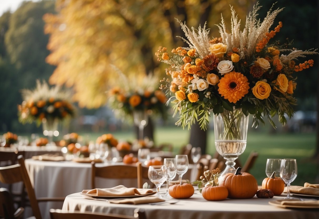 Vibrant fall flowers and elegant decorations adorn a rustic wedding venue