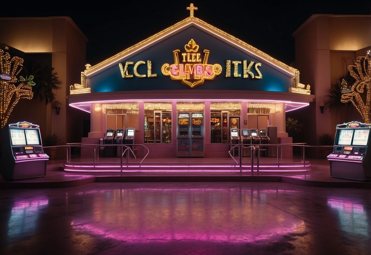 A neon-lit Vegas chapel with Elvis impersonator, slot machines, and a pink Cadillac