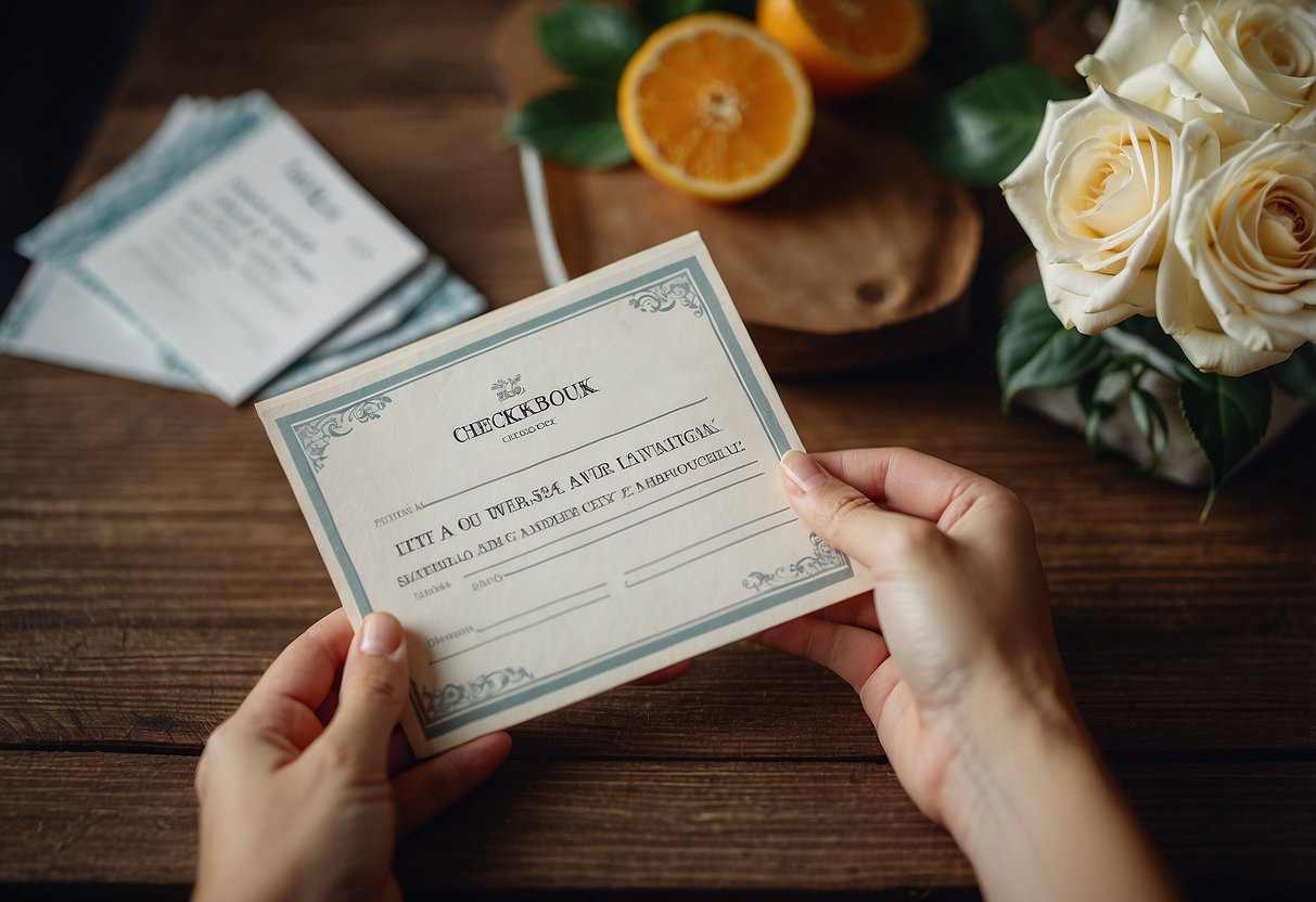 A woman's hand holding a checkbook, with a bridal shower invitation and a list of expenses on a table