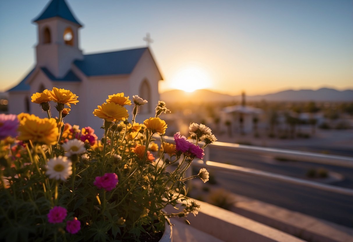 A quaint chapel adorned with colorful flowers, set against the backdrop of the vibrant Las Vegas skyline. The sun sets behind the chapel, casting a warm glow over the scene