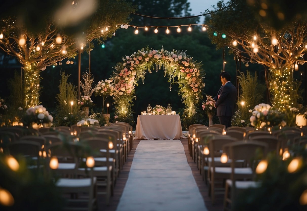 A small, intimate wedding ceremony in a cozy garden with twinkling fairy lights, surrounded by lush greenery and colorful flowers