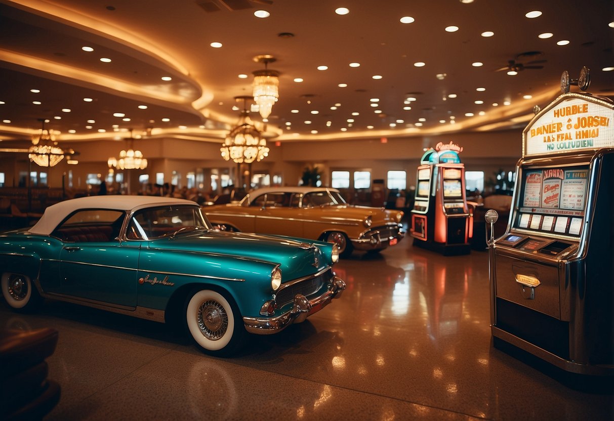 A vintage Vegas wedding: neon lights, classic cars, and Elvis impersonators. A chapel adorned with retro decor, slot machines, and a vintage jukebox