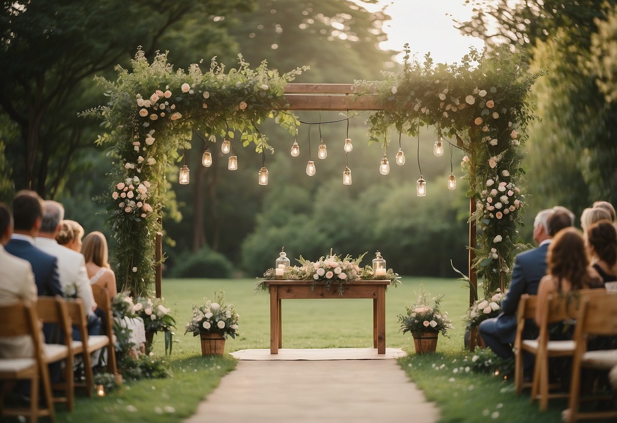 A small wedding ceremony set in a cozy garden, with string lights hanging from the trees, and a rustic wooden arch adorned with fresh flowers