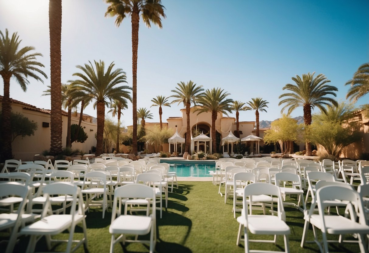 A luxurious poolside wedding in Vegas, with elegant white chairs, a sparkling pool, and palm trees under the bright desert sun