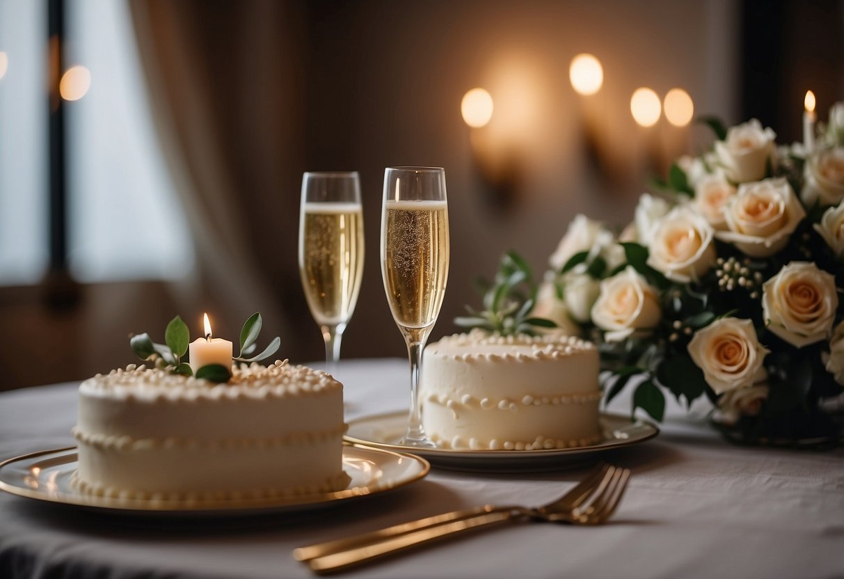 A cozy, intimate setting with soft lighting and elegant decor. A small wedding cake and champagne glasses on a beautifully set table