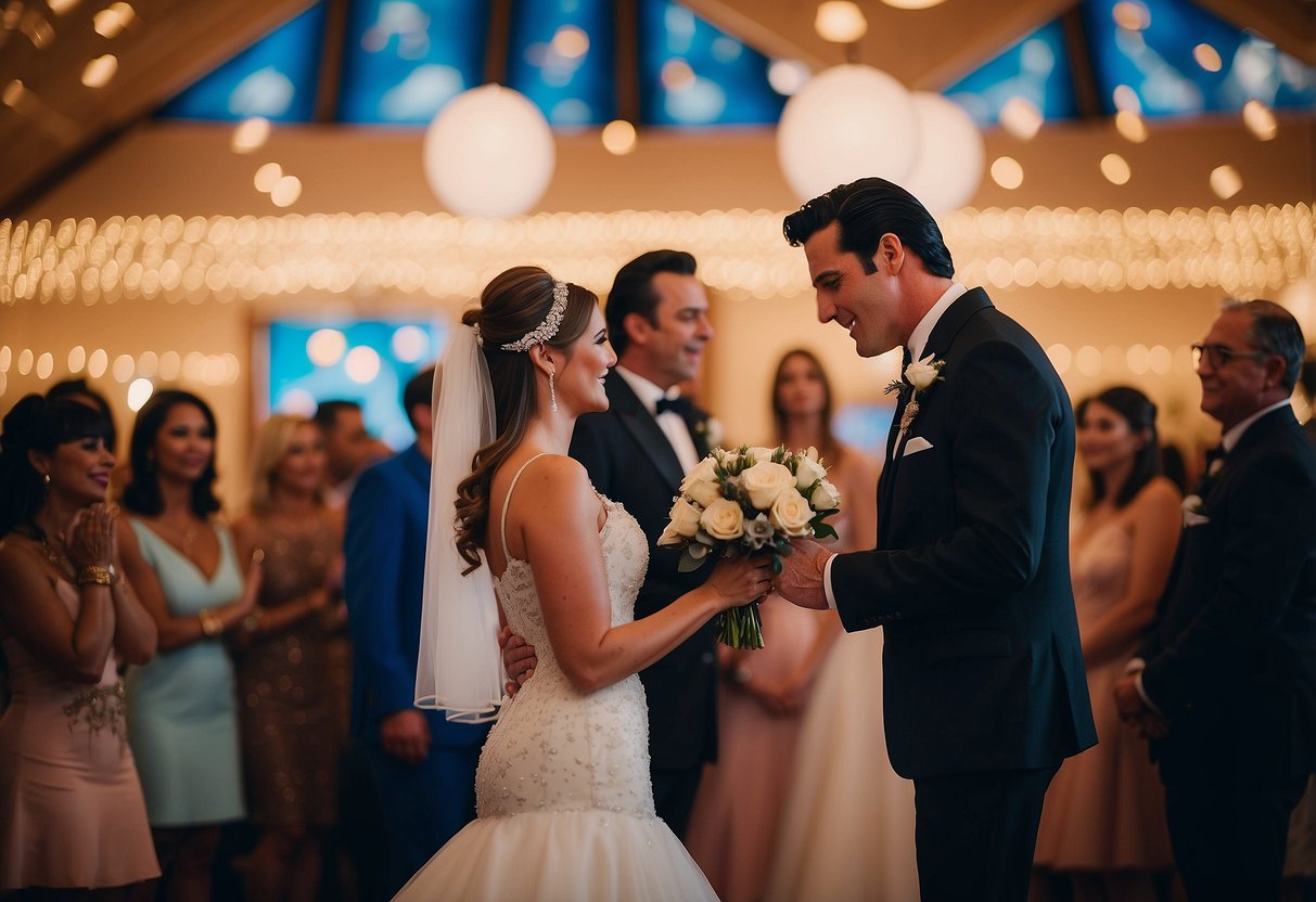 A couple exchanging vows at a Vegas wedding chapel, surrounded by bright lights, Elvis impersonators, and a lively atmosphere