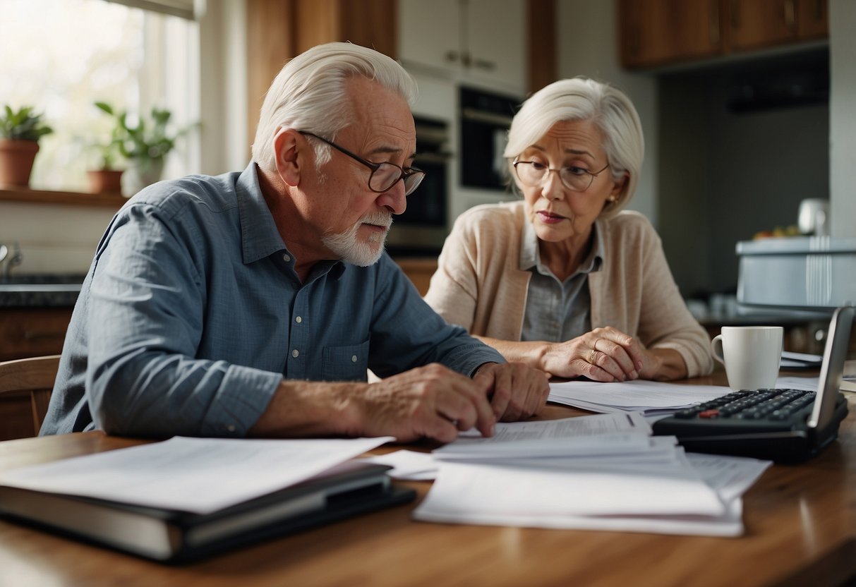 A 60-year-old couple sits at a kitchen table, surrounded by financial documents and calculators. A worried expression is evident on their faces as they discuss their savings and retirement plans