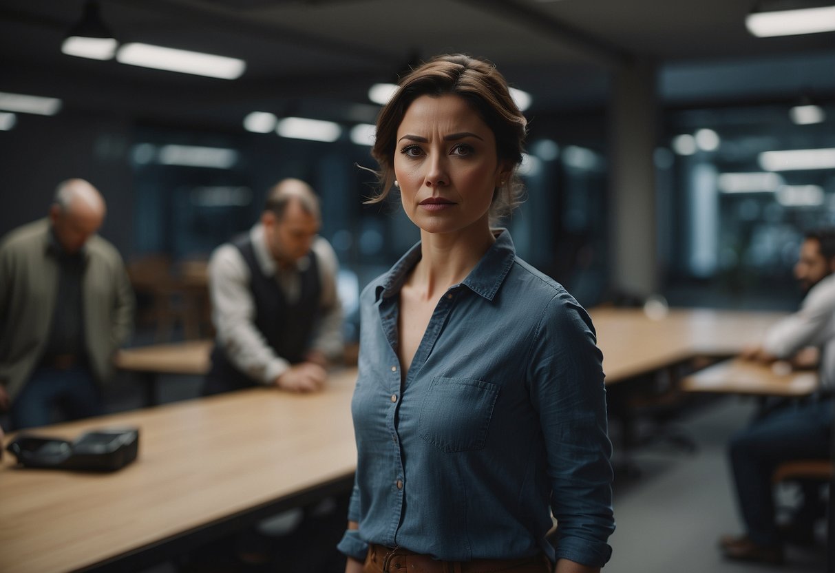 A woman stands alone, burdened by tasks, while her husband looks on, indifferent and unhelpful