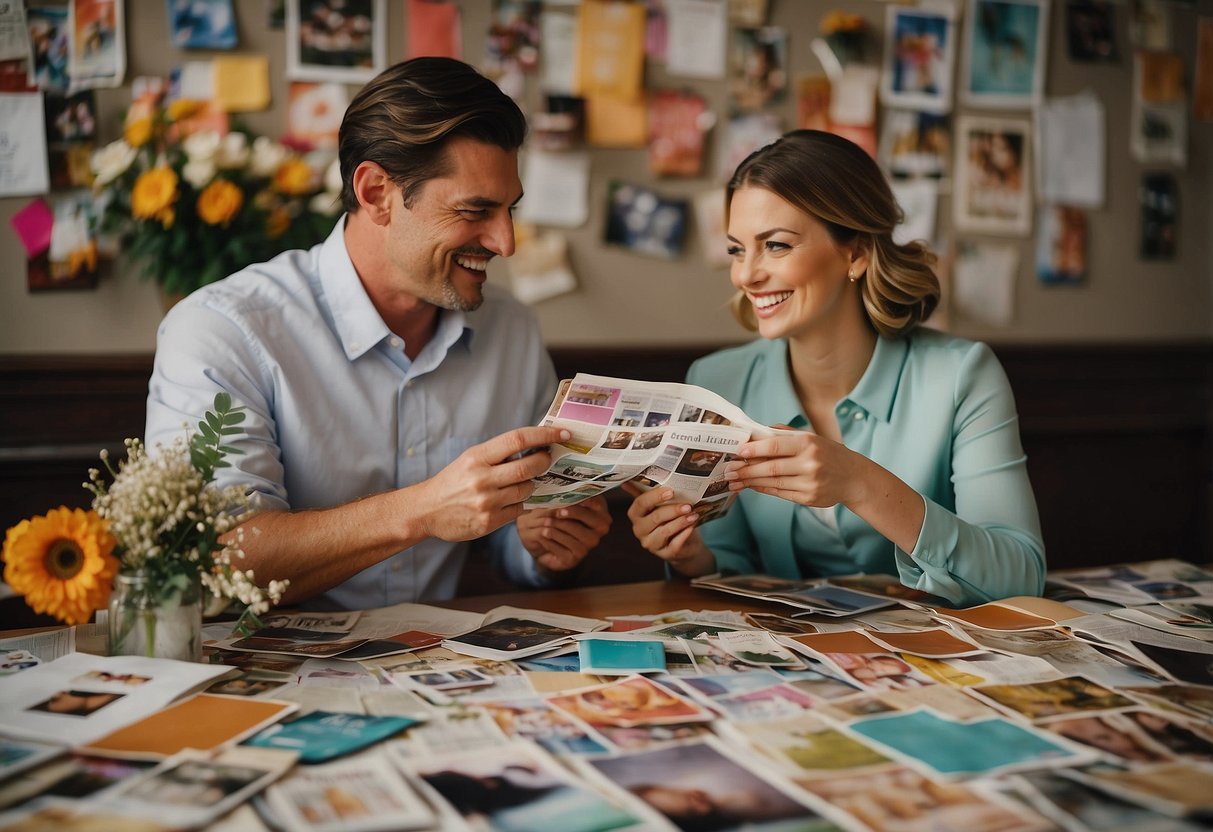 A couple sits at a table covered in wedding magazines and brochures, surrounded by colorful swatches of fabric and samples of floral arrangements. They are deep in discussion, pointing and gesturing excitedly as they plan their dream Vegas wedding