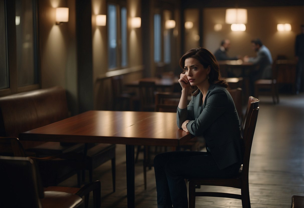 A woman sits alone at a table, looking forlorn as her husband walks away, ignoring her. The room is dimly lit, creating a sense of loneliness and isolation