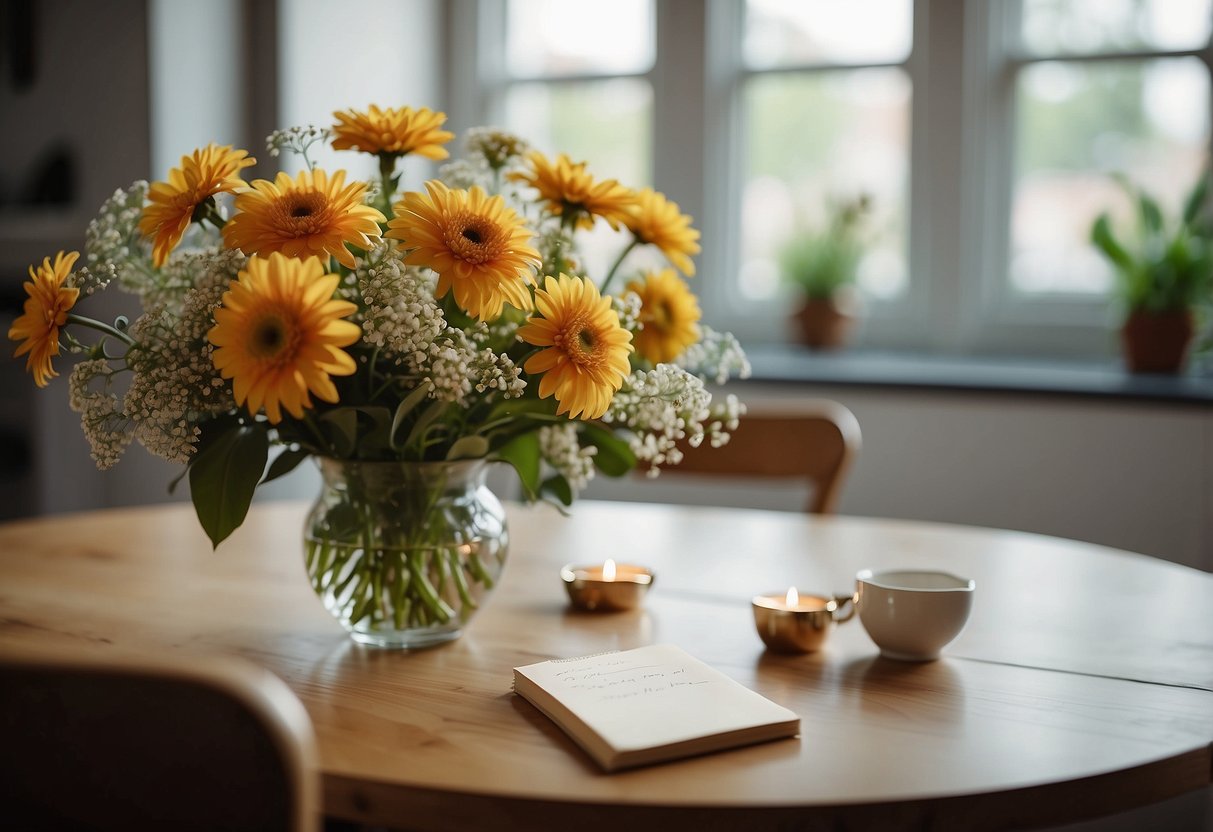 A bouquet of flowers left on a kitchen table, with a note expressing thanks and love