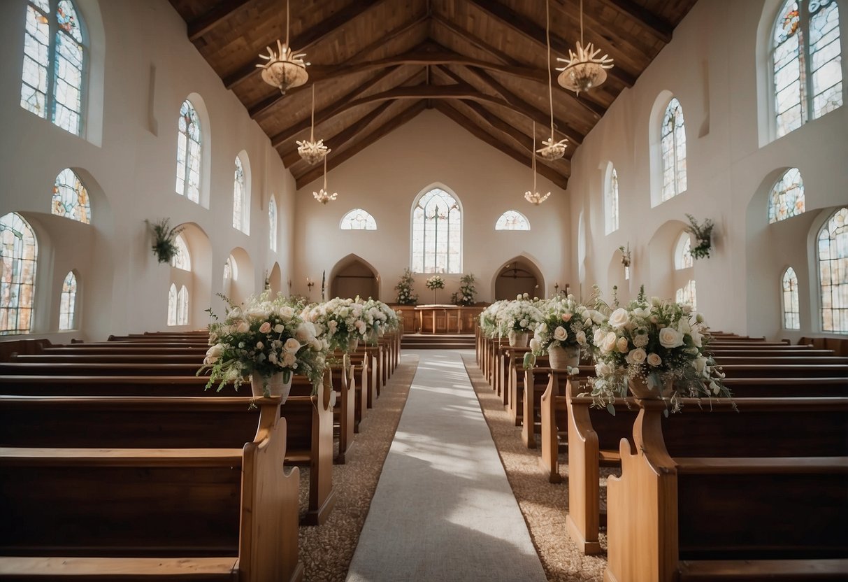 A barren wedding chapel in January, with empty pews and wilted flowers, symbolizing the slowest month for weddings