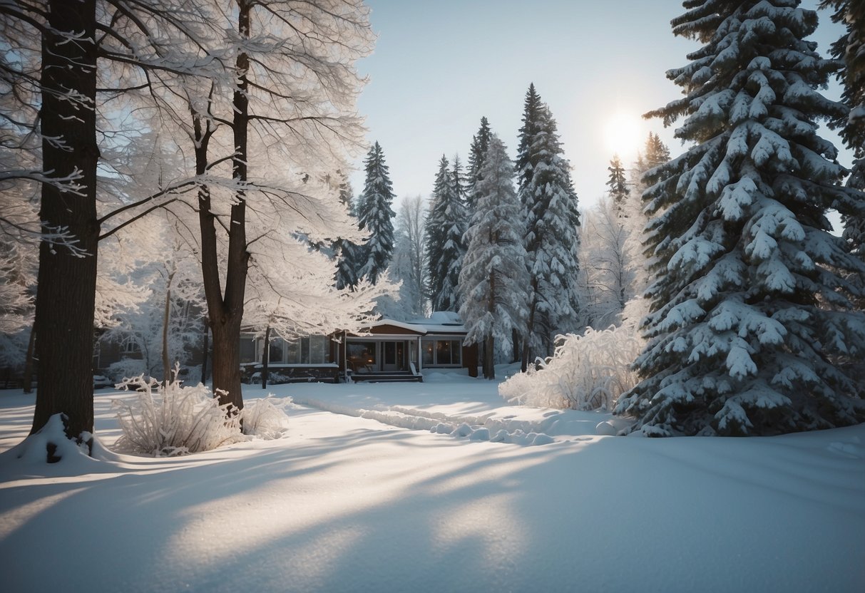 A peaceful winter landscape with snow-covered trees and a serene, empty wedding venue, symbolizing the post-holiday calm of January