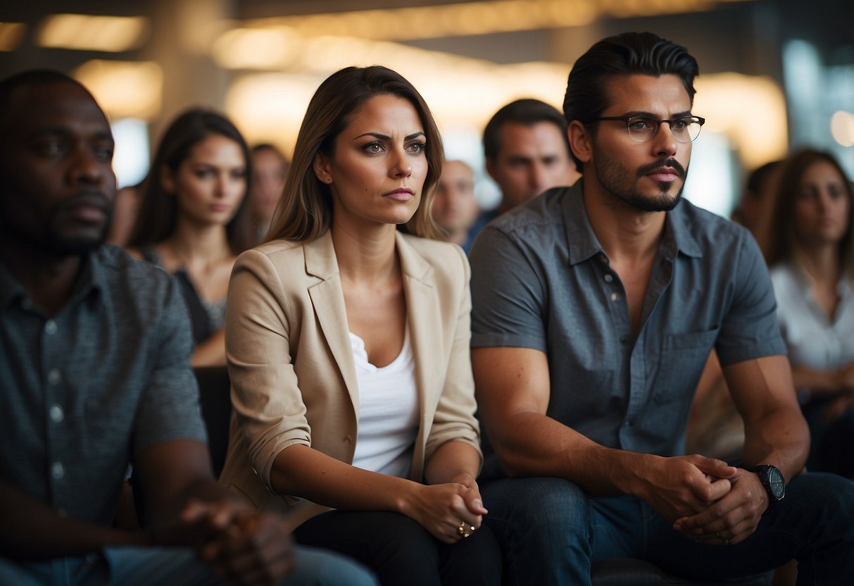 A woman sits with a concerned expression as a man listens attentively