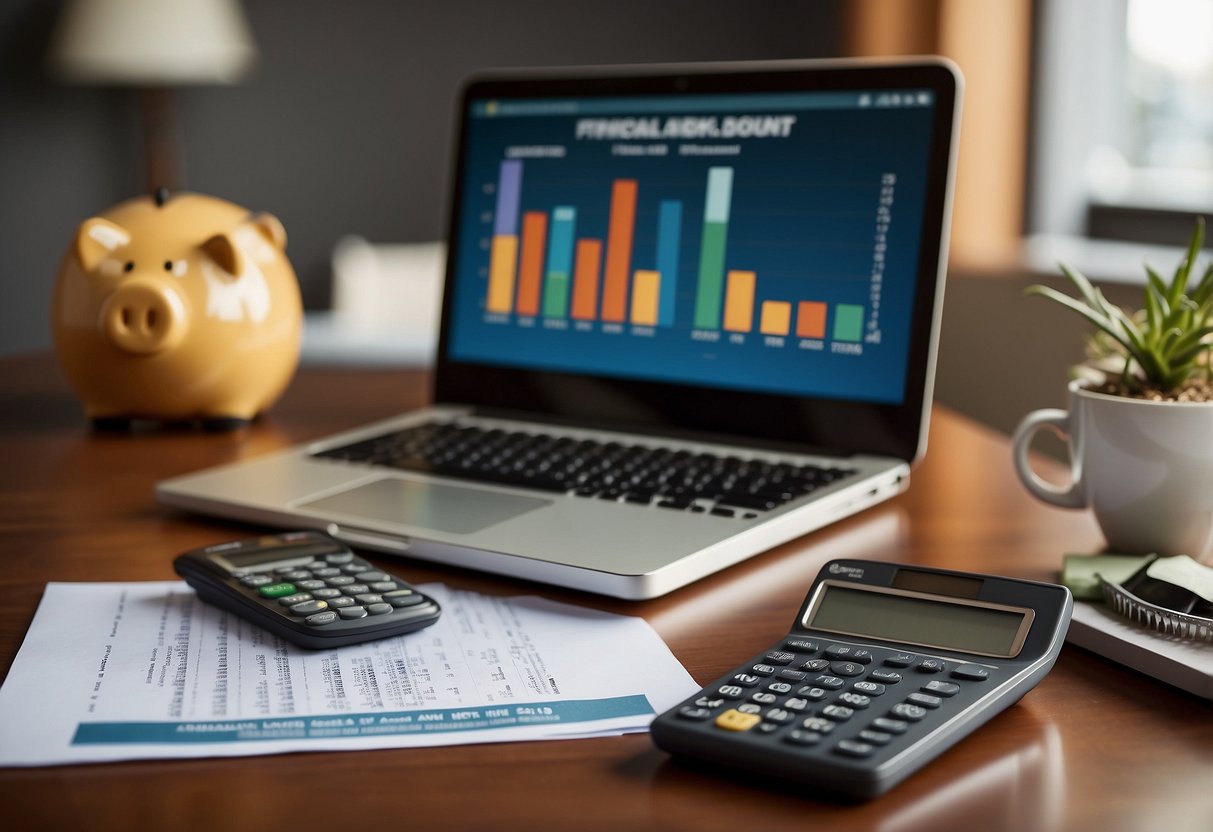 A stack of financial documents, a calculator, and a laptop on a desk. A graph showing investment growth. A piggy bank and retirement savings account statement