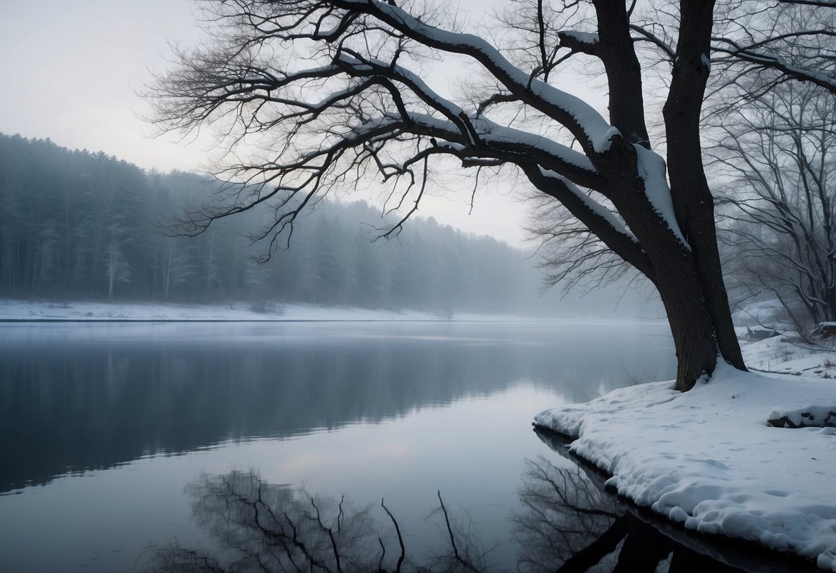 A snowy landscape with bare trees and a frozen lake, with a hazy gray sky overhead