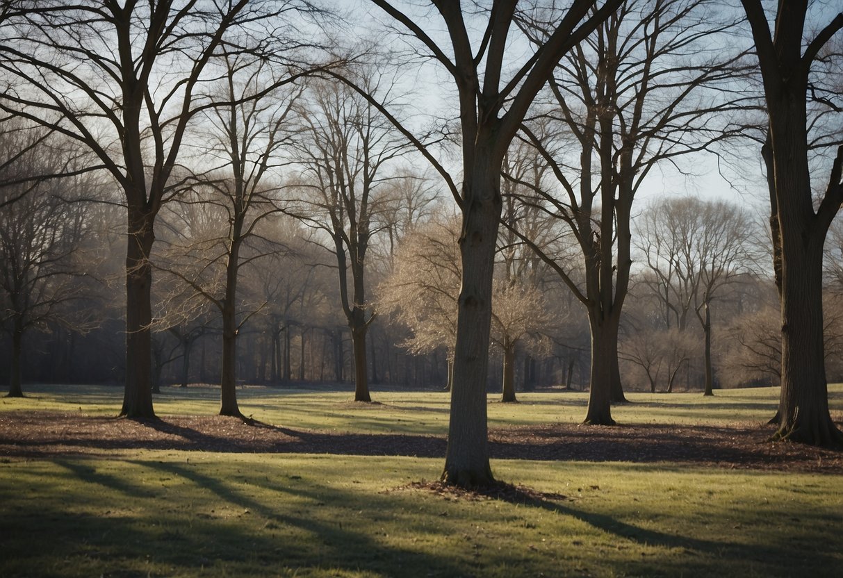 Early spring landscape with bare trees and pale blue skies. A quiet, serene scene evoking the slowest month for weddings