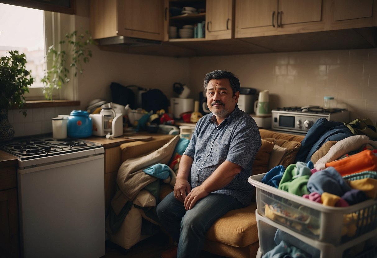 A cluttered kitchen with dirty dishes, overflowing laundry, and neglected children's toys, while the husband sits idly on the couch